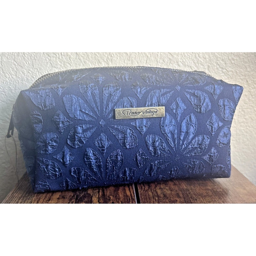 Revive Vintage Navy Blue Flower Toiletry or Cosmetic Makeup Pouch Travel Bag